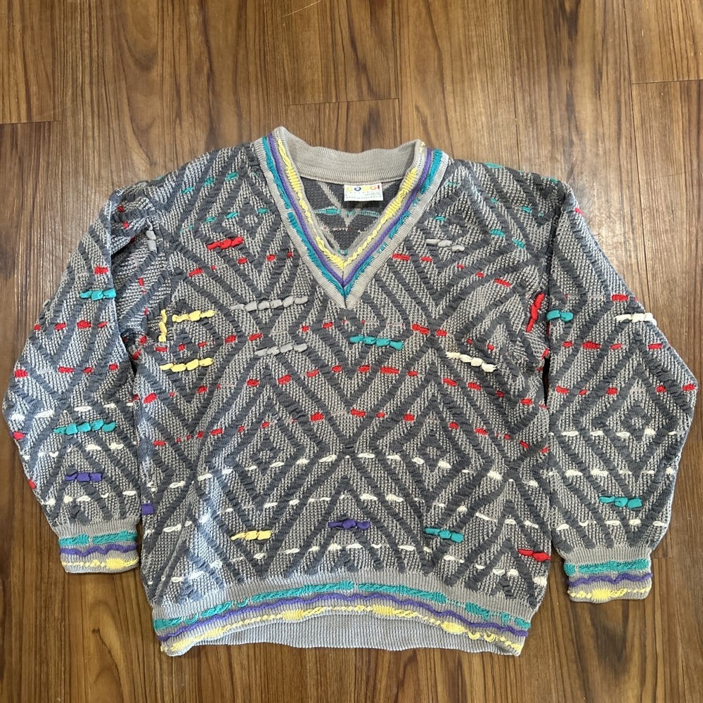 Vintage Coogi Sweater Large V Neck Biggie Grey Hip Hop Australia Pullover